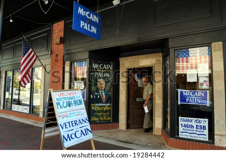 PENSACOLA, FLA - OCT 22: Signs at the Veterans for McCain campaign office in Pensacola, Florida, on October 22, 2008. Race between McCain and Obama in Florida is near even as election approaches.