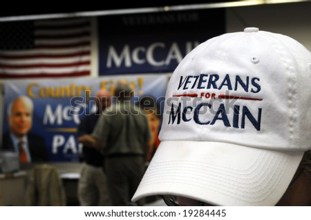 PENSACOLA, FLA - OCT 22: Campaign posters and cap closeup at the Veterans for McCain office in Pensacola, Florida, on October 22, 2008, as election day approaches.