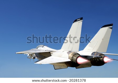 Grumman F-14 Tomcat fighter jet in full speed, two engines with afterburners giving more boost, viewed from behind left