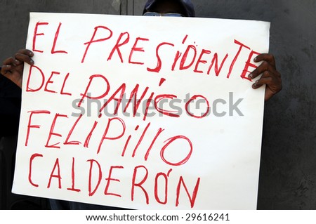 Protester in Mexico City holding hand-written sign blaming Mexican President Felipe Calderon for causing panic with his measures to contain H1N1 swine flu A influenza.