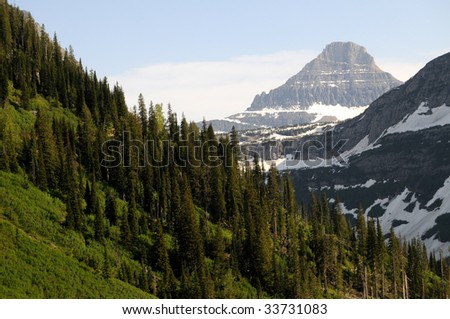 Heavens Peak as seen from the Weeping Wall on the Going-to-the-Sun Road in the Glacier National Park in Montana, USA.