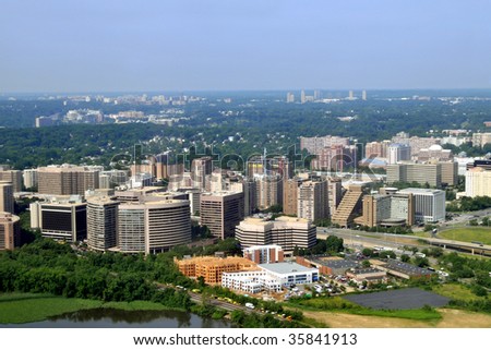 Aerial of Crystal City, an urban neighborhood in Arlington County, Virginia, Just south of downtown Washington, D.C., with Jefferson Davis Highway (US 1) between the buildings.