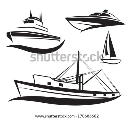 Vector black ship and boat icons set Vector black ship and boat icons set