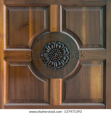 The picture of design sculpture on teak wood that popular in Thai style house door