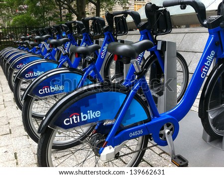 New York - May 24: Bicycles Are Shown Docked At A Citibike Sharing Kiosk At Bowling Green Station On May 24, 2013 In New York. Operated By Nyc Bike Share, Thousands Of Bikes Will Be Available.