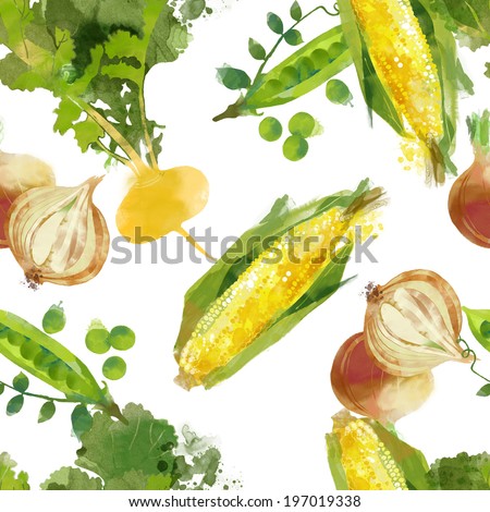 watercolor seamless vegetables pattern of turnip corn onion and peas on a white background watercolor seamless vegetables pattern of turnip corn onion and peas on a white background