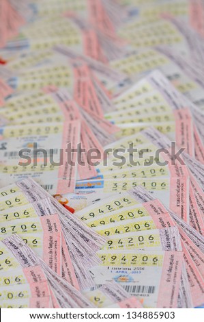 Thai lottery tickets sold at lottery ticket stalls in Bangkok.