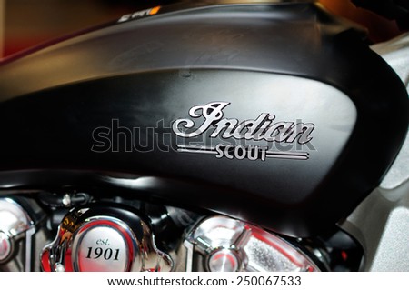 BANGKOK, THAILAND - January 30: Details of the Indian Scout Black Smoke 2015 on display during the 7th Bangkok Motorbike Festival on January 30, 2015 at Central World in Bangkok, Thailand.