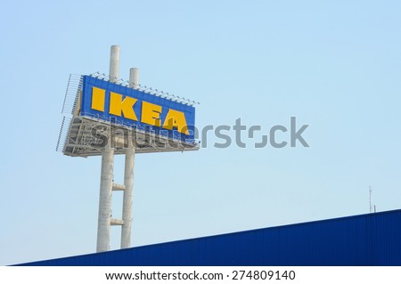 BANGKOK, THAILAND - APRIL 21, 2015: A signage of IKEA. IKEA is a multinational group of companies that designs and sells furniture, appliances, small motor vehicles and home accessories.