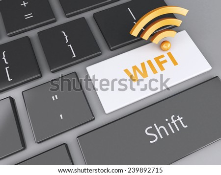 3d illustration. Wifi icon and wifi button on computer keyboard.