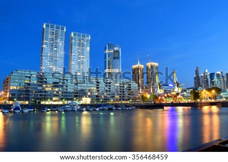 Buenos Aires - December 2, 2015: Night view of Puerto Madero, Buenos Aires, Argentina. Clear blue sky, on Buenos Aires, Argentina.