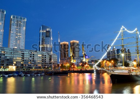 Buenos Aires - December 2, 2015: Night view of Puerto Madero, Buenos Aires, Argentina. Clear blue sky, on Buenos Aires, Argentina.