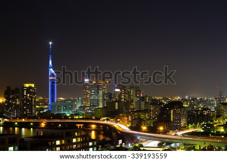FUKUOKA, JAPAN - SEP 11: View of Fukuoka City at night on Sep 11, 2015 in Fukuoka, Japan. With 1.5 million inhabitants Fukuoka is the largest city in Kyushu.
