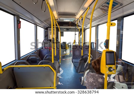 Interior of empty modern european city bus with isolated white background