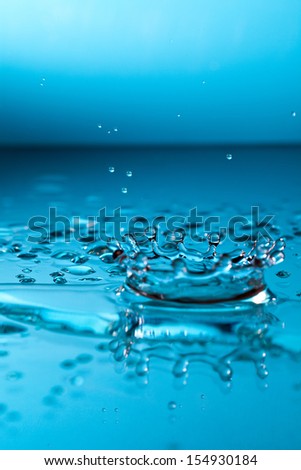 Dynamic background of a falling water droplet frozen midair at the point of impact and reflected in the cool clear turquoise water below, with copy space