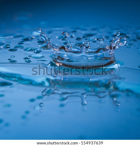 Falling water droplet frozen midair as it splashes into cool refreshing turquoise blue water with a mirrored reflection