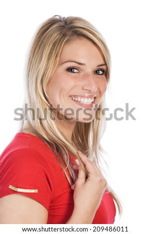 Happy Pretty Lady Wearing Red Shirt, Isolated White Background