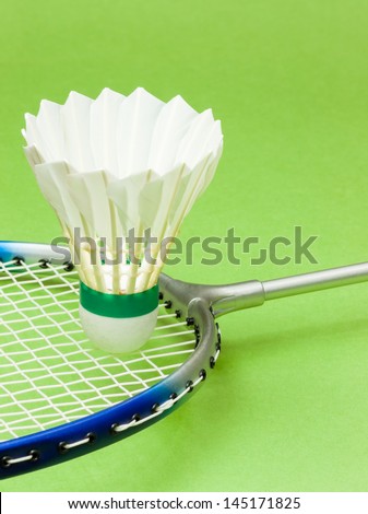 Badminton Sport - Closeup image of a shuttlecock pictured standing upright on the strings a badminton racquet.