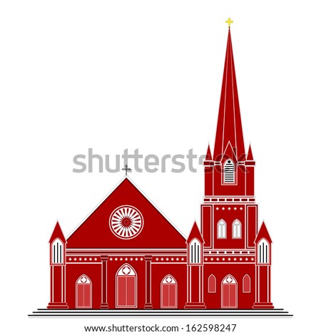 Gothic Style Church - Illustration of an ancient gothic style Christian church with a tower. Shades of maroon, red and brown are used. The image is isolated on white.