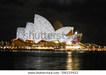 SYDNEY, AUSTRALIA - MAY 27: Projection of colorful art onto the Sydney Opera House during Vivid Sydney festival on May 27, 2010 in Sydney, Australia.