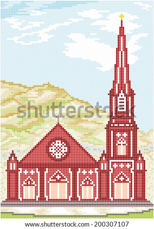 Ancient Gothic Style Church - Illustration of an ancient gothic style Christian church with a tower against the backdrop of a mountain. Square pixels of various colors have been used.
