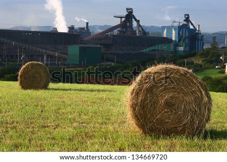Two Chaff round bales. Round bales on grass at foreground and dark factory at background