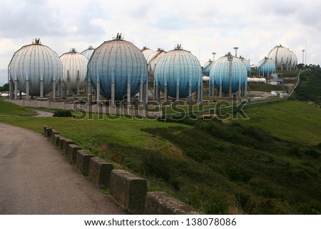 Spherical gas tanks. Blue big gas tanks in Gijan, Asturias, Spain.