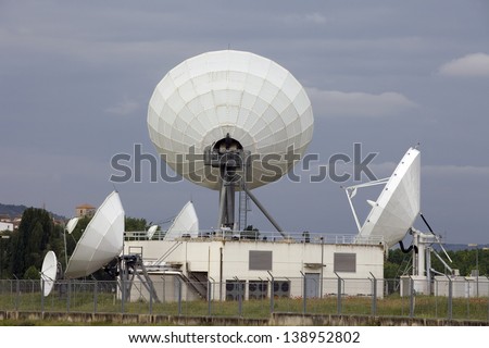 Satellite Antenna over a Building. Horizontal View of Several Big Satellite Dish in a Communication Center