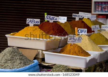 Trays full of spices on a spice market in Marrakesh, Morocco. Spices Market.