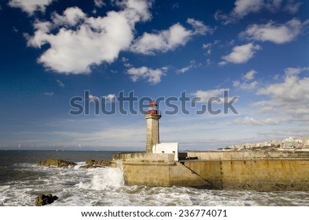 View of the Douro River Harbor Lighthouse in Porto, Portugal. Porto Lighthouse.