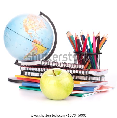 Globe, notebook stack and pencils. Schoolchild and student studies accessories. Back to school concept.