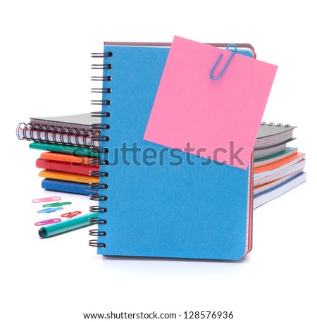 Blue notebook with notice papers isolated on white background cutout Blue notebook with notice papers isolated on white background cutout