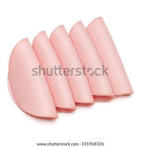 cooked boiled ham sausage or rolled bologna slices isolated on white background cutout