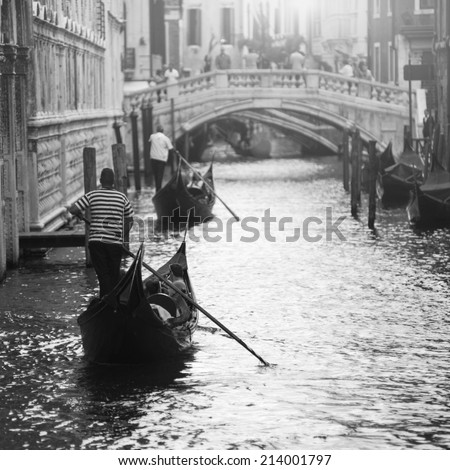 Black and white picture of two gondolas in Venice, Italy