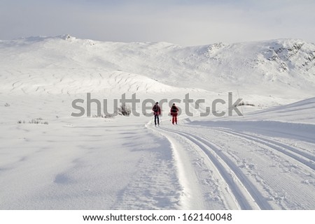 Cross country skiing at Rondane National Park, near the village of Hovringen. Norway