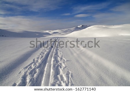 Cross country skiing trail at Rondane National Park, near the village of Hovringen, Norway.