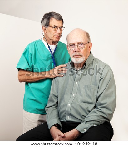 Portrait of a doctor and patient unhappy happy with the HMO PPO healthcare system.