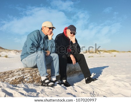 Like two bumps on a log, two older men contemplate the future during a day at the beach.