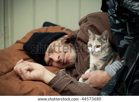 Closeup portrait of a homeless older man sleeping under a plastic tarp on the street with a friendly stray kitten. Selective focus on the man's hands and the kitten.