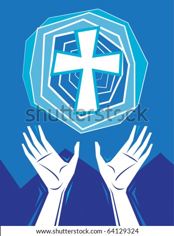 Hands raised in praise and prayer, with cross in the sky, mountains in background. Christian religious theme illustration. All elements on separate layers for easy editing.