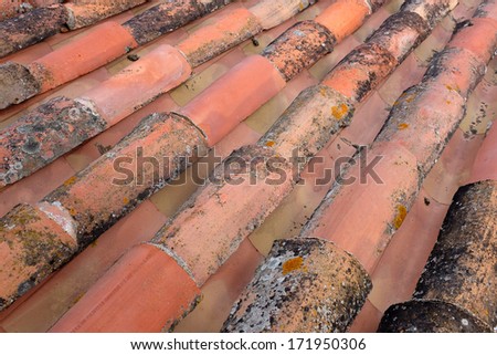 Close-up of old red clay roof tiles