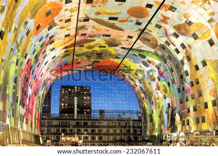 ROTTERDAM, THE NETHERLANDS - OCTOBER 21, 2014: interior of the new Market Hall, located in the Blaak district. October 21, 2014, Rotterdam, The Netherlands.