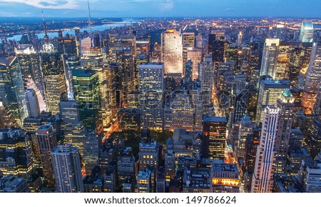 Beautiful New York City Skyline With Urban Skyscrapers At Sunset.