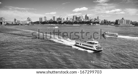 Ferries in East river, New York City.