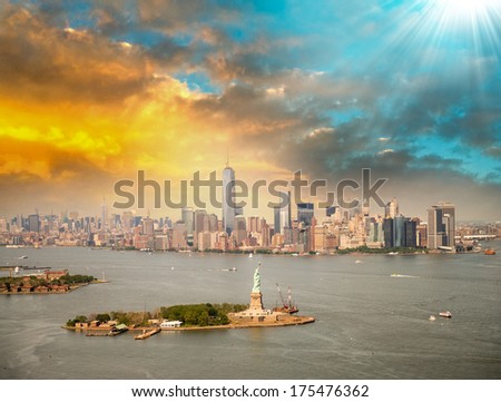 New York skyline with Statue of Liberty from helicopter.