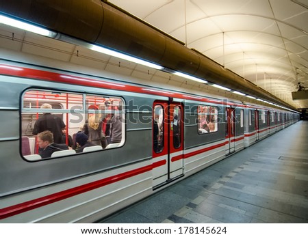 PRAGUE - JUNE 27, 2010: Subway train in a city station. Over 500 million passengers use the Prague Metro every year