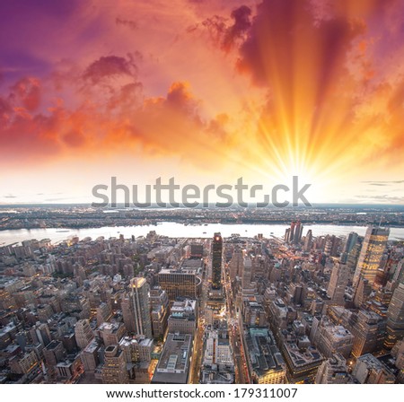 Stunning view of Manhattan skyscrapers at sunset - New York - NYC.