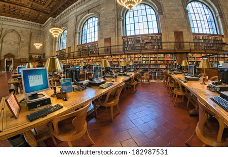 NEW YORK - MAY 14: Interior of wonderful public library, May 14, 2013 in New York. With nearly 53 million items, the NYC Public Library is the second largest public library in the US.