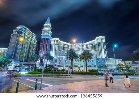 MACAU, CHINA - APRIL 23, 2014: Lights of Venetian Casino Resort in Taipa. Macau is one of the world\'s top gambling destinations
