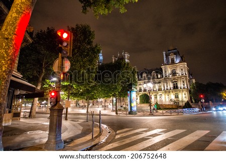 Paris. Night view of Hotel de Ville from across the street.
